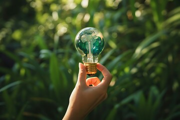 Hand holding lightbulb Earth green nature globe