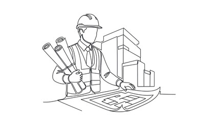 Engineer with blueprints in minimalist line art style with monochromatic color scheme on white background for architectural design