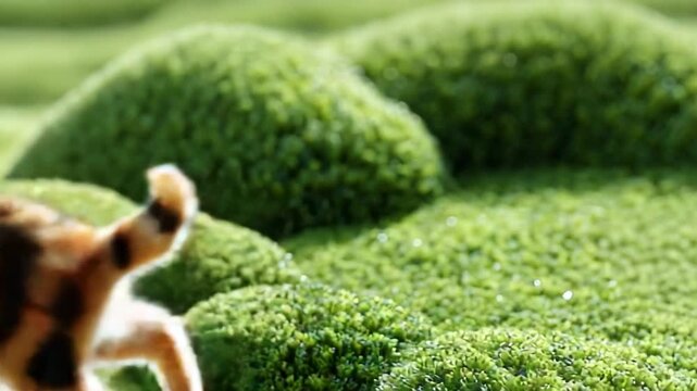 A Curious Kitten Explores a Lush Green Landscape, Navigating through Soft Textured Terrain, Capturing the Playful Essence of Feline Curiosity in Nature's Serenity