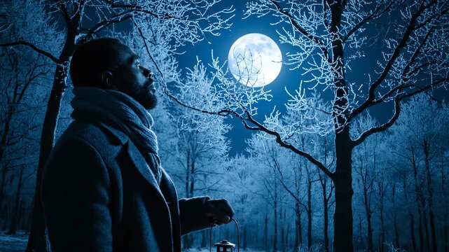 Man holds lantern in winter forest at night under moon. Person with lantern walks through frozen forest. Winter night with man holding lantern. Moon shines over frozen trees as man carries lantern.