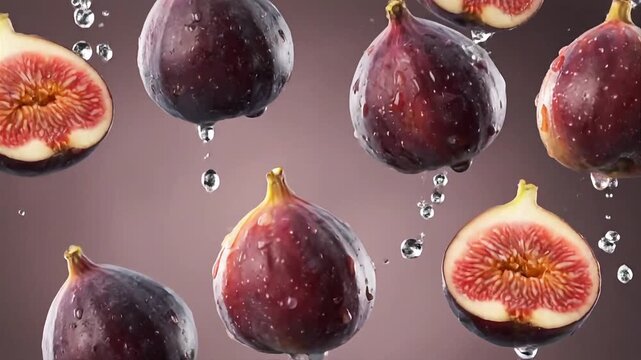 Fresh figs cascading in slow motion with luxurious freshness