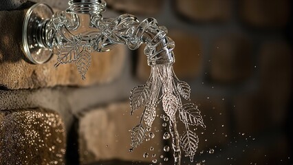 Clear glass tap water flowing with leaf decoration