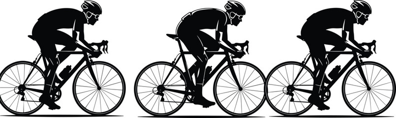 Fototapeta premium Cyclist silhouette vector illustration set, group of men riding road racing bicycles isolated on white background for sports design