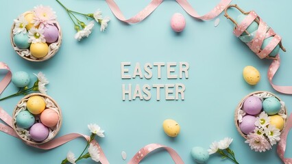 Easter eggs in nest with flowers and ribbon on blue background