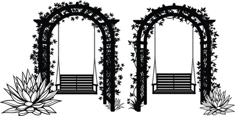 Garden archway with swing bench silhouette vector illustration, wooden pergola arbor covered in climbing vine plants isolated on white background © Raihan