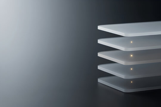 Technology Stack Layers, Modular System Architecture with Soft Gold Sparks Background
