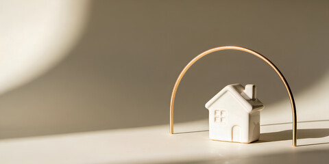 Home insurance protection conceptม ceramic house under gold arch with warm minimal background and copy space