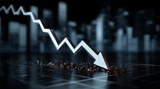 Business concept showing a downward trending stock market graph with red decreasing arrow, financial loss visualization, investment decline, and economic downturn illustration