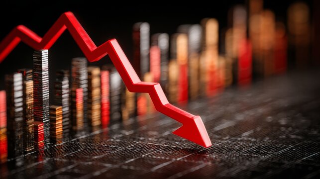 Business concept showing a downward trending stock market graph with red decreasing arrow, financial loss visualization, investment decline, and economic downturn illustration
