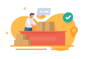 Delivery courier logistics pick up point icon vector modern graphic design illustration, man person giving or take order parcel box package pickup postal office, ecommerce shipment shop store image