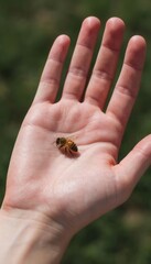 A close‑up of a hand with a bee resting on the skin, evoking themes of insect interaction, potential sting risk, and the context of swollen skin or reactions associated with bee stings.