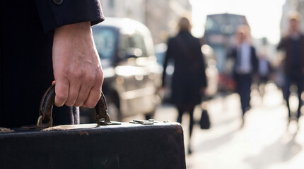Close-up of a male hand in a coat gripping the handle of a worn leather briefcase, set against a busy city street with blurred pedestrians