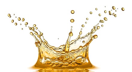 Dramatic golden liquid splash frozen in time featuring rising droplets and intricate fluid dynamics against a clean white background for advertising concepts.