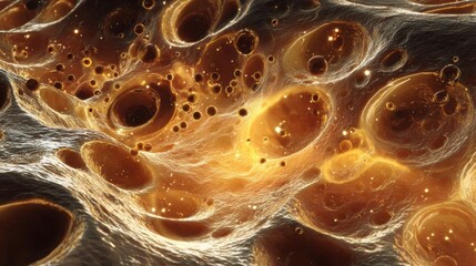 Microscope simulation revealing microscopic bubbles and waves in amber fluid accumulating inside the middle ear cavity representing inflammation.