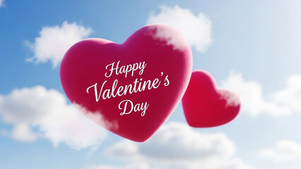 Happy valentines day greeting with red hearts and clouds in blue sky background