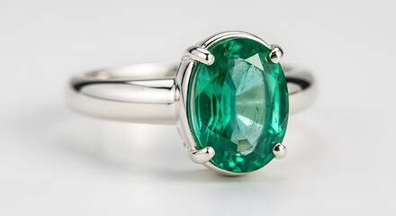 Close up macro shot of a stunning oval cut emerald gemstone set securely in a polished platinum or white gold solitaire ring mounting against a bright white background.