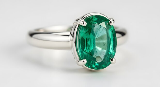 Close up macro shot of a stunning oval cut emerald gemstone set securely in a polished platinum or white gold solitaire ring mounting against a bright white background.