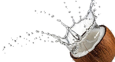 Dynamic action shot captures fresh coconut water bursting dramatically upwards in a clear splash against a bright white background isolation studio setting