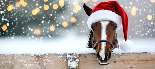 Charming Horse Wearing Santa Hat in a Magical Snowy Wonderland, Captivating Bokeh Background