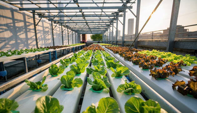 Hydroponic farm urban agriculture rooftop garden lettuce crop sustainable food city farming green technology plant cultivation water system fresh vegetable food security and agriculture concept