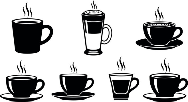 Collection of coffee cups and mugs with steam rising