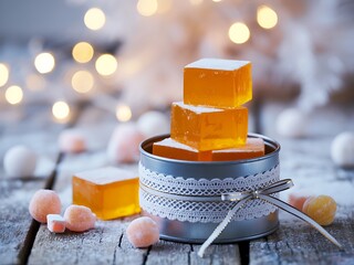 Orange Jellies Stacked in Tin Festive Setting candy