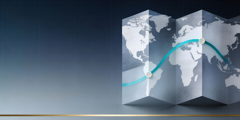 International growth planning background with folded world map and teal route curve waypoints, copy space