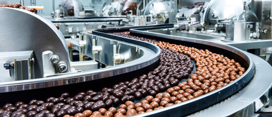 Chocolate confections move along a conveyor belt in a modern factory, where machines coat them in rich milk and dark chocolate for sweet perfection