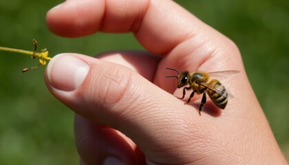 A close‑up of a hand with a bee resting on the skin, evoking themes of insect interaction, potential sting risk, and the context of swollen skin or reactions associated with bee stings.