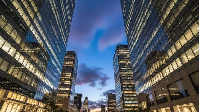 Time lapse looking up at skyscrapers at twilight as the sky transitions through vibrant colors