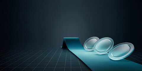 Technology roadmap ribbon runway with frosted glass tokens on dark teal grid background, wide copy space