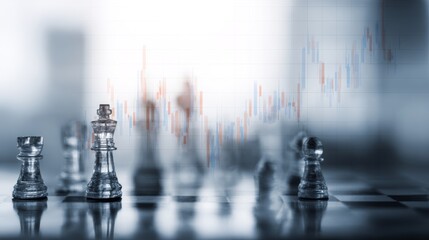 Double exposure of financial market stock chart and chessboard strategy representing business competition, leadership, investment success, and corporate growth concept