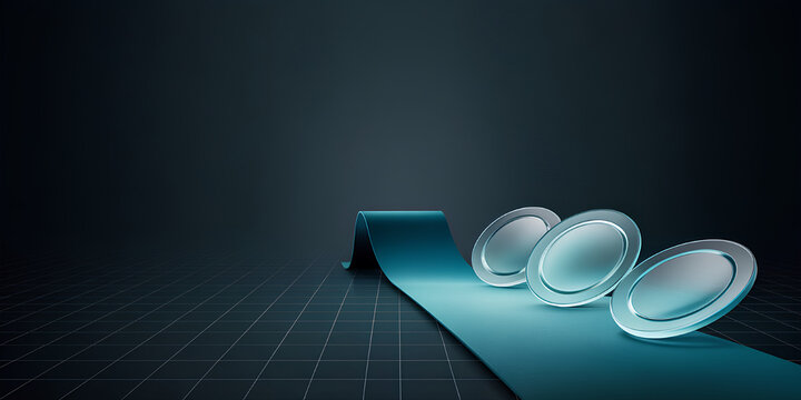 Technology roadmap ribbon runway with frosted glass tokens on dark teal grid background, wide copy space