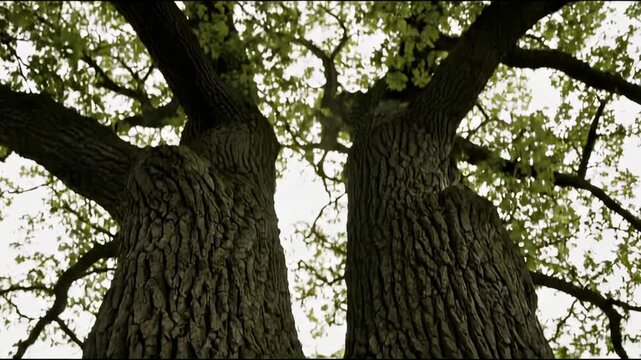 Person touches old oak tree trunk with textured bark in forest. Hand feels bark texture on ancient oak tree. Person connects with nature touching tree trunk. Oak bark shows natural texture pattern.