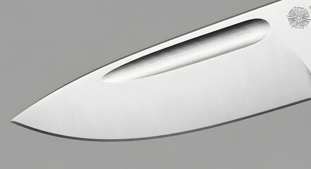 Extreme close up macro photograph showcases the finely ground edge and polished surface of a modern tactical knife blade featuring a thumb hole cutout detail.