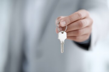 Real estate concept, close-up realtor holding home keychain presenting to new owner