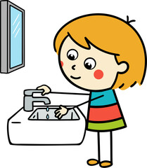 Ginger girl closes tap, kids hygiene rules, vector illustration isolated on transparent background