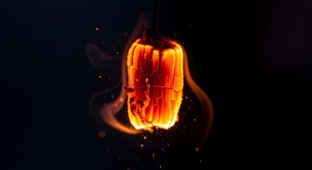 Extreme close up of a piece of intensely glowing orange wood ember smoking and casting sparks against a deep dark background during a controlled burn experiment