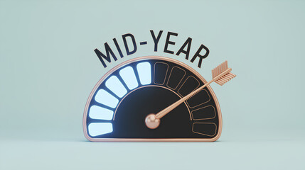Midyear performance index dial for planning report: analyze progress, measure achievement, inspection of evolution; rise, increase, success, info, presentation, expertise, ambition, efficiency review