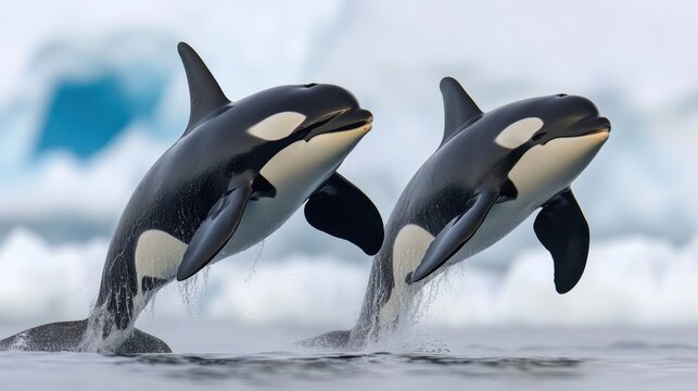 Two orcas leaping from icy water