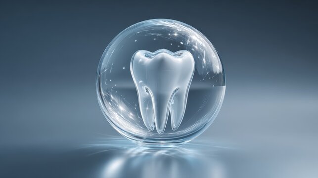 3D illustration of a healthy human tooth protected inside a transparent glass bubble, concept for dental care and enamel protection