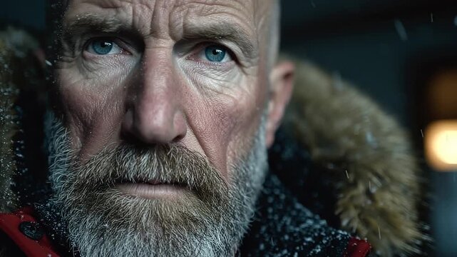 Rugged Portrait: A close-up portrait of an experienced man, his face etched with the stories of a life well-lived, his piercing blue eyes conveying a depth of wisdom and resilience.