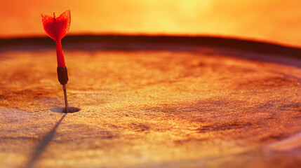 dartboard. A red dart perfectly lodged in the bullseye of a dartboard, bathed in warm sunset light for a dramatic effect. inspiring travel planning.