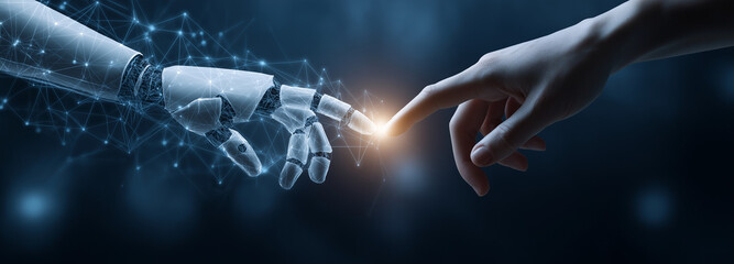 Conceptual Scene of Human and Artificial Intelligence Connection with Robot and Human Hands Touching, Symbolizing Innovation, Trust, Digital Transformation and the Future of Technology
