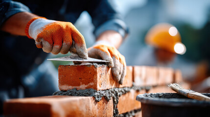 Woman using pointing trowel to apply mortar between bricks for construction project