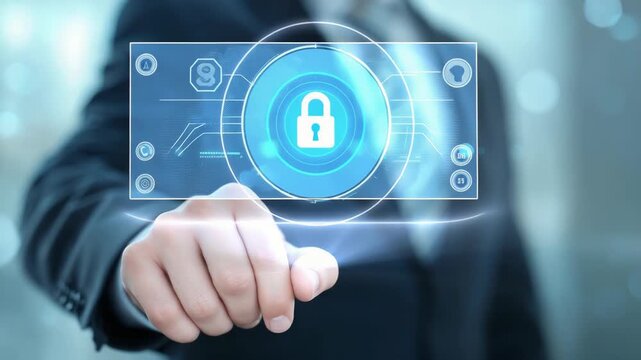 Businessman pressing digital security interface with glowing padlock icon