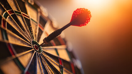 dartboard. A red dart perfectly lodged in the bullseye of a dartboard, bathed in warm sunset light for a dramatic effect. inspiring travel planning.