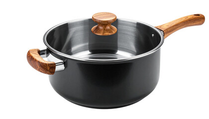 The image shows stainless steel pots, pans, and saucepans with lids placed separately on a white background