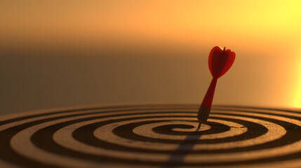 dartboard. A red dart perfectly lodged in the bullseye of a dartboard, bathed in warm sunset light for a dramatic effect. inspiring travel planning.