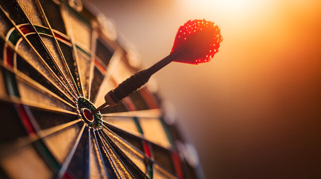 dartboard. A red dart perfectly lodged in the bullseye of a dartboard, bathed in warm sunset light for a dramatic effect. inspiring travel planning.